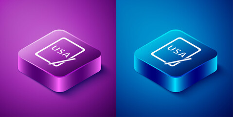 Isometric USA United states of america on graphic tablet icon isolated on blue and purple background. Square button. Vector.