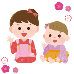 晴れ着　着物を着る女の子と赤ちゃん　イラスト
