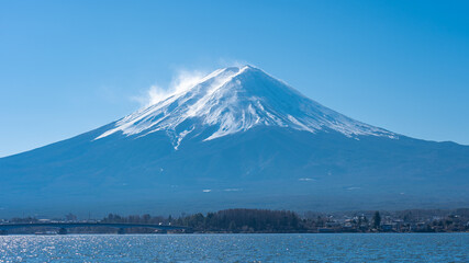 Panorama view of Mount Fuji with Lake Kawaguchiko in Japan