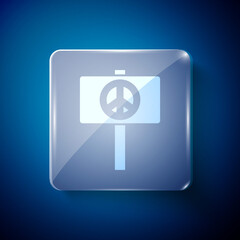 White Peace icon isolated on blue background. Hippie symbol of peace. Square glass panels. Vector.
