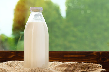 Bottle of milk against the background of green foliage