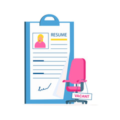Concept of Job hiring and online recruitment. We are hiring with filled out resume and office chair vector illustration.