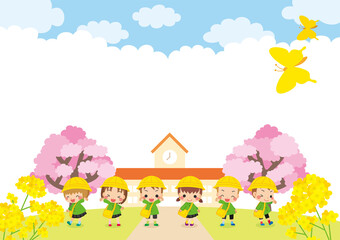 可愛い幼稚園児の子供たちと幼稚園のイラスト　桜咲く春の風景　年少さんキッズ6人組