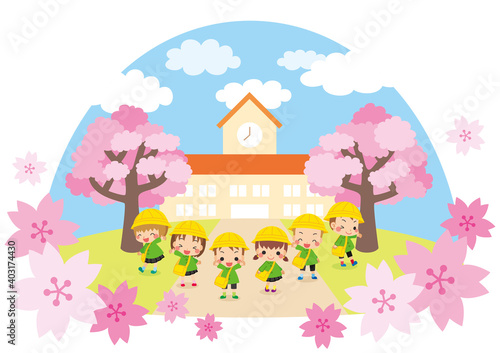 可愛い幼稚園児の子供たちと幼稚園のイラスト 桜咲く春の風景 年少さんキッズ6人組 アイコン Wall Mural ぽこたぽこ