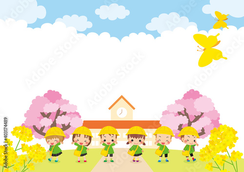 可愛い幼稚園児の子供たちと幼稚園のイラスト 桜咲く春の風景 年少さんキッズ6人組 April Wall Mural Apr ぽこたぽこ