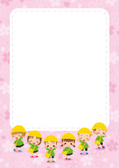 可愛い幼稚園児の子供たちと幼稚園のイラスト　桜パターンのフレーム　年少さんキッズ6人組