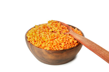 Wooden bowl and spoon with red legumes isolated on white background