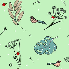Freehand seamless illustration of winter bird, plants, dried flowers on pastel green, mint background. Floral vector pattern for designers, postcards, wallpapers.