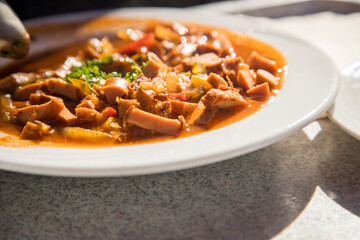 Typische DDR Soljanka in Suppenteller auf Kantinen Tablett mit Petersilie und Zitrone draußen auf Terrasse