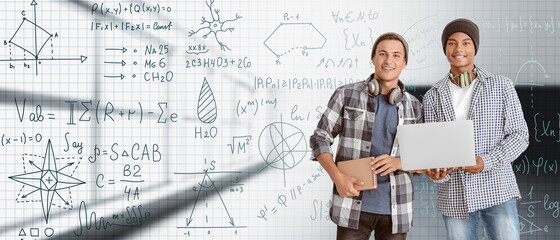 Young men with laptop studying exact mathematical sciences. Concept of online education