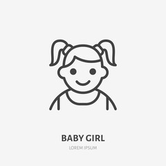 Baby girl flat line icon. Vector outline illustration of little child avatar. Black color thin linear sign for children simple avatar