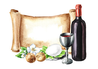 Passover seder traditional meal. Pesach card with copy space.  Concept of jewish religious holiday. Watercolor hand drawn illustration, isolated on white background