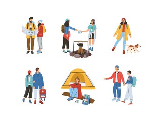 Collection of different travelling people vector flat illustration. Set of man and woman reading map, walking, spending time at campsite or near campfire isolated. Tourists enjoy travel or adventure