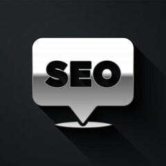Silver SEO optimization icon isolated on black background. Long shadow style. Vector.