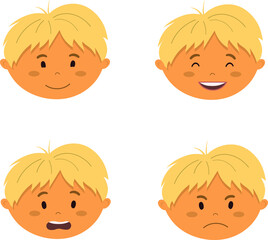 A boy's set of emotions. Pleasure, Joy, Fright, anger, . Flat vector illustration in cartoon style