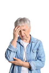 Stressed senior woman suffering from headache isolated on white background