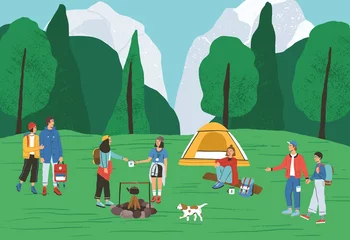 Foto op Plexiglas Group of active people spending time at camping in forest vector flat illustration. Backpackers and hikers relaxing near tent and campfire. Tourists enjoying outdoor recreation and summer landscape © Good Studio