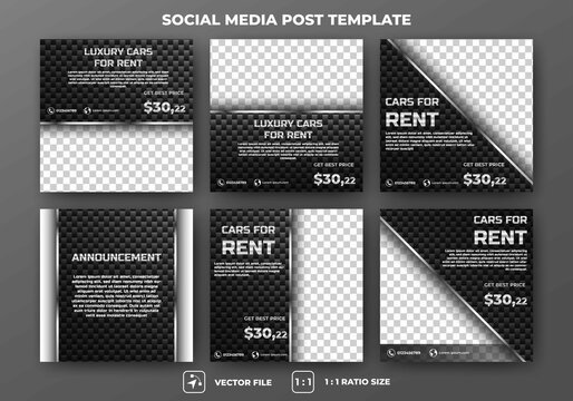 Set of Editable square banner template. Black background with carbon pattern illustration. Flat design vector with a photo collage. Usable for social media, banner, and web internet ads.