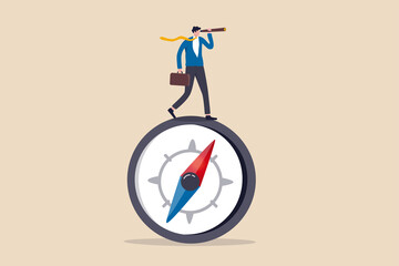 Business direction with leadership visionary, business goal and achievement or looking for solution and discovery concept, smart businessman leader using telescope look for the way forward strategy.