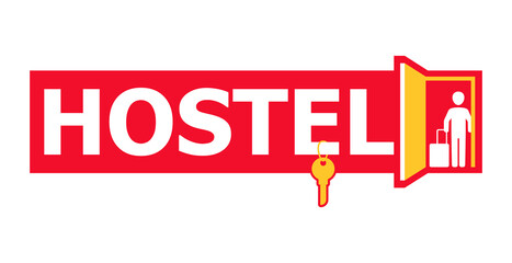 Hostel catchy sticker. Visitor standing in door