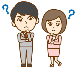 疑問を抱くスーツ姿の社会人男女の全身イラスト