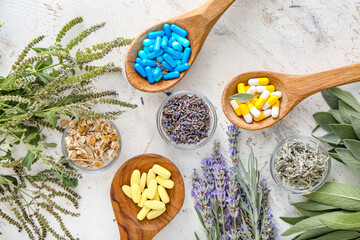 Wooden spoons with different plant based pills on light background