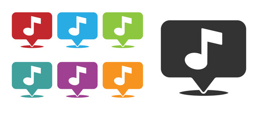 Black Musical note in speech bubble icon isolated on white background. Music and sound concept. Set icons colorful. Vector.
