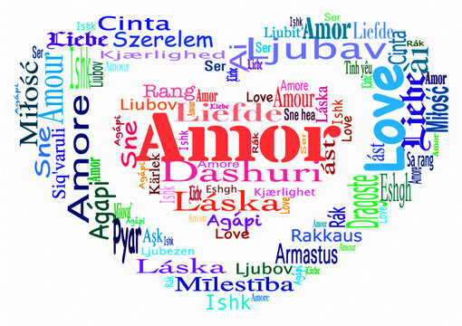 Word cloud with the word love in different languages (for example: liefde, amor, amour, Liebe, amore, Agápi) on white background. Different shades of red, orange, pink, blue, purple and green 