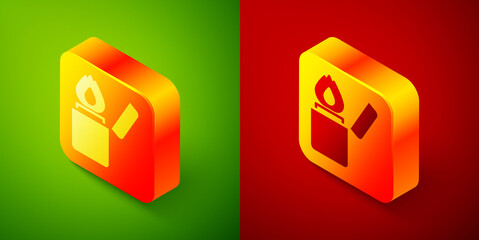 Isometric Lighter icon isolated on green and red background. Square button. Vector.