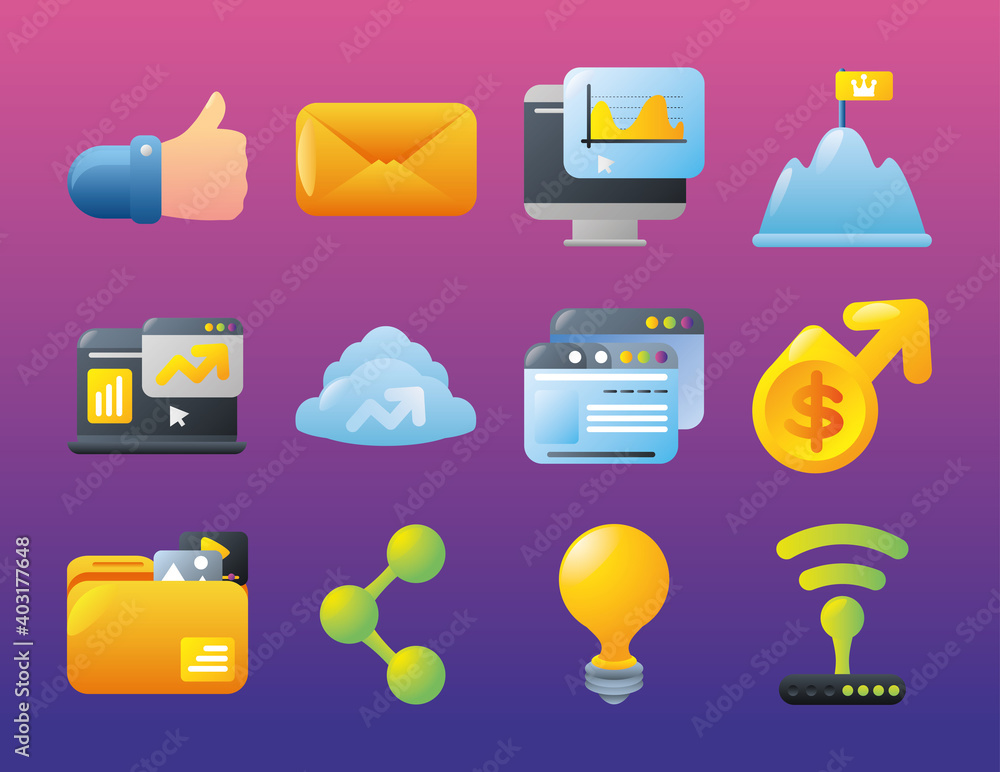Poster digital marketing icons with like email computer website share content money