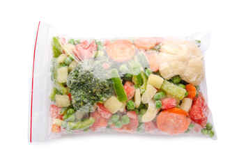 Frozen vegetables in plastic bag on white background