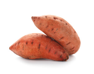 Fresh sweet potatoes on white background
