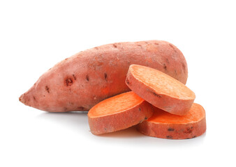 Fresh sweet potatoes on white background