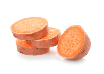 Raw cut sweet potato on white background
