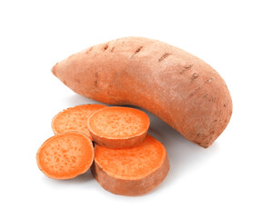 Fresh sweet potatoes on white background