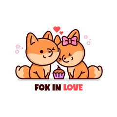 CUTE FOX COUPLE SHARING A MUFFIN AND FEELING LOVELY TOGETHER. HAPPY VALENTINE DAY ILUSTRATION