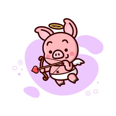 CUTE LITTLE CUPID PIG FLYING AND BRING ARROW. VALENTINE DDAY ILLUSTRATION
