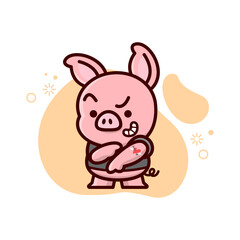 CUTE LITTLE PIG SHOWING HIS TATTOO ON HIS  ARM. VALENTINE DAY ILLUSTRATION