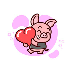 CUTE LITTLE PIG BRING A HEART AND FEELING SO HAPPY. VALENTINE DAY ILLUSTRATION