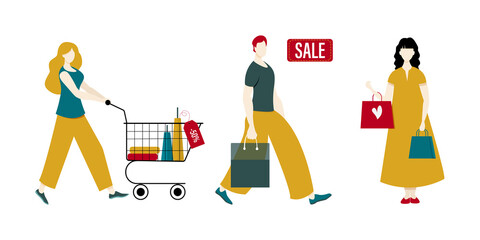 
People come with bags from shops. Person shop at the mall. Vector set of women and men on an isolated background for design on a sale theme. Flat design