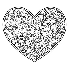 Mehndi flower pattern in form of heart for Henna drawing and tattoo. Decoration in ethnic oriental, Indian style. Valentine's day greetings. Coloring book page.