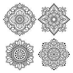 Set of circular pattern in form of mandala with flower for Henna, Mehndi, tattoo, decoration. Decorative ornament in ethnic oriental style. Outline doodle hand draw vector illustration.
