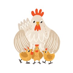 Cute clocking hen standing with yellow chicken and covering them with wings. Funny mom and baby birds. Colorful textured flat vector illustration isolated on white background