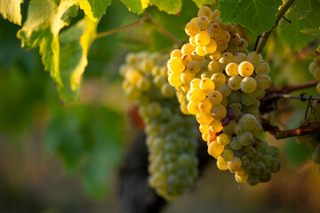 Grappe de raisin blanc dans les vigne au soleil.