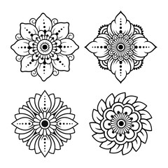 Set of circular pattern in form of mandala with flower for Henna, Mehndi, tattoo, decoration. Decorative ornament in ethnic oriental style. Outline doodle hand draw vector illustration.