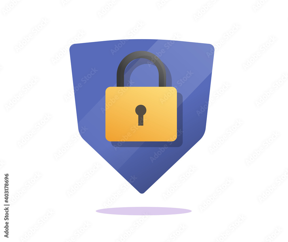 Poster secure shield with lock as data protection icon vector flat cartoon sign, protected internet access 