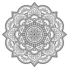 Circular pattern in form of mandala with flower for Henna, Mehndi, tattoo, decoration. Decorative ornament in ethnic oriental style. Outline doodle hand draw vector illustration.