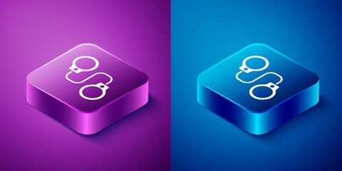 Isometric Handcuffs icon isolated on blue and purple background. Square button. Vector.