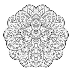 Circular pattern in form of mandala with flower for Henna, Mehndi, tattoo, decoration. Decorative ornament in ethnic oriental style. Outline doodle hand draw vector illustration.