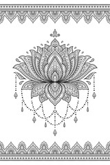 Seamless pattern of mehndi lotus flower and border for Henna drawing and tattoo. Decorative doodle ornament in ethnic oriental, Indian style. Outline hand draw vector illustration.